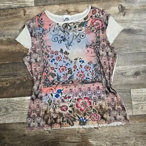 Vintage 90s Fairycore Sheer Mesh Floral Top Baby Tee Size XL Lettuce Hem Art